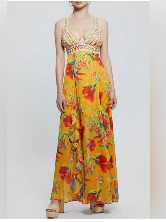 Guess Dresses & Skirts - Guess Med Yellow Serena Floral Maxi Dress with Embroidered Bodice tropical print